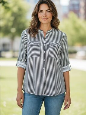 Notations Striped Navy and White Button-Front Women's Blouse XL